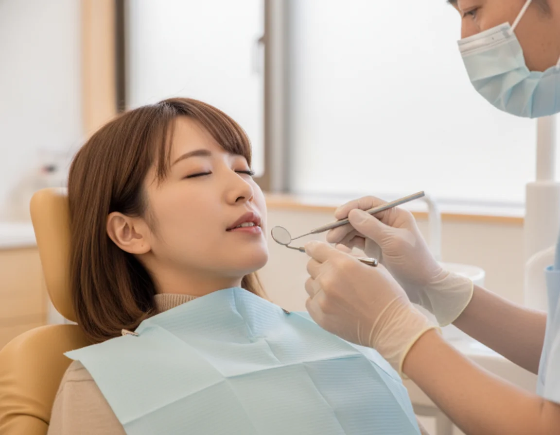 女性患者の虫歯治療を行う歯科医師の手元