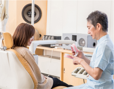 歯型模型を使って患者に治療内容を説明する歯科医師